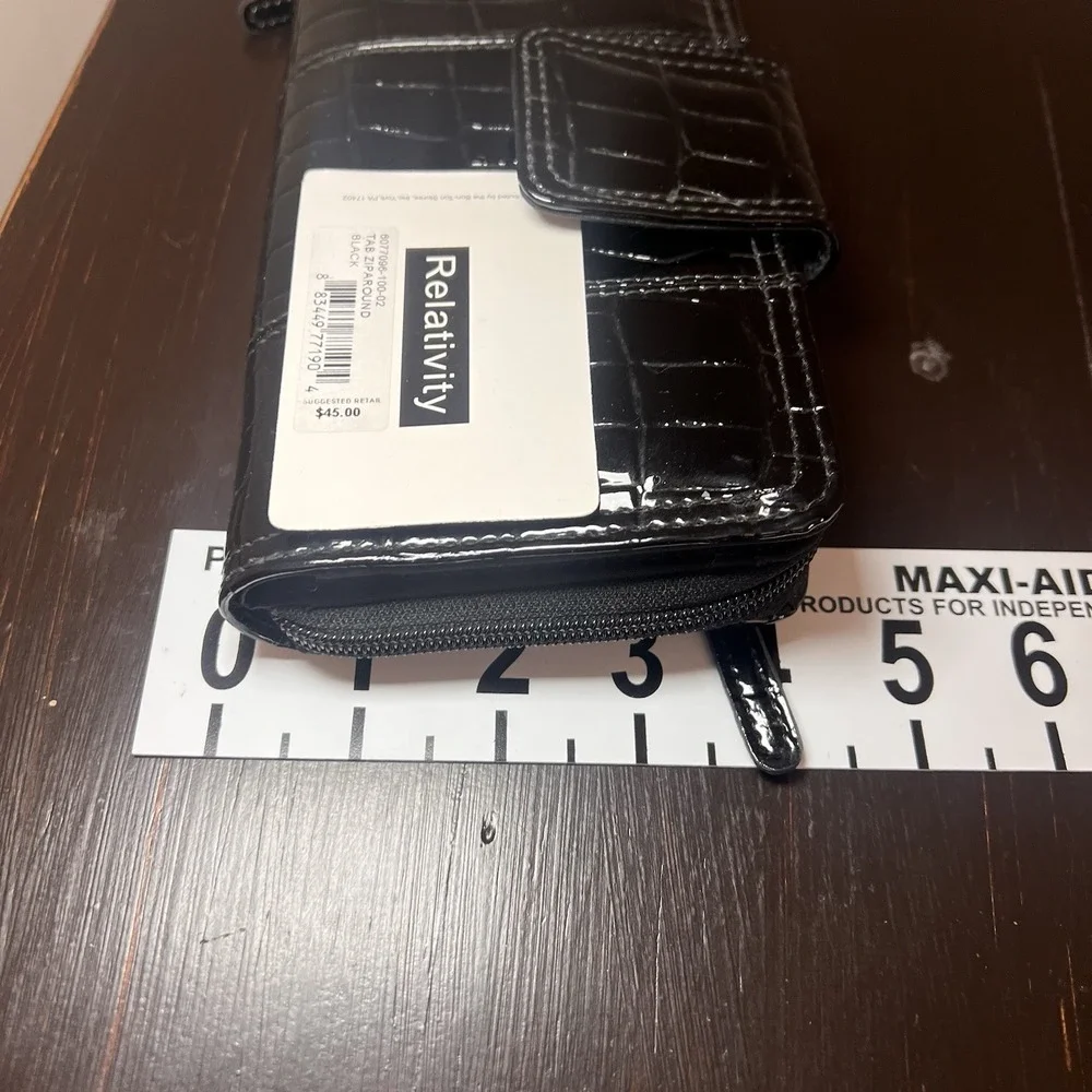 Relativity NWT Black Patent Croc Zip Around Tab Wallet Bi-fold